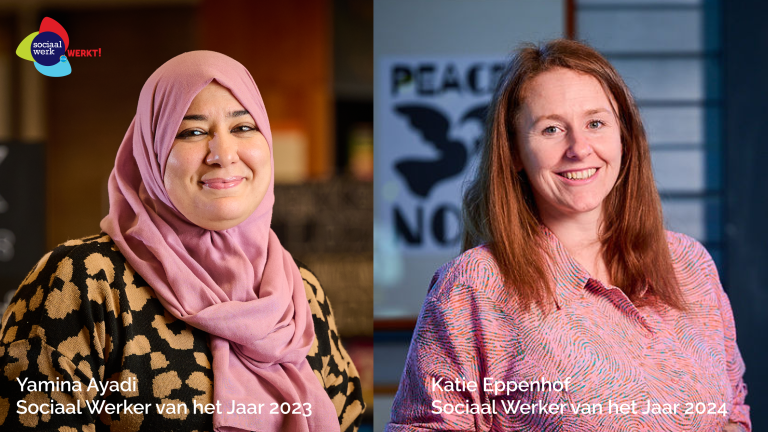 Sociaal Werkers van het Jaar Yamina en Katie kregen dankzij hun titel veel meer kansen Yamina Ayadi (Sociaal Werker van het Jaar 2023) en Katie Eppenhof (Sociaal werker van het Jaar 2024). Beeld: Sociaal werk Werkt!