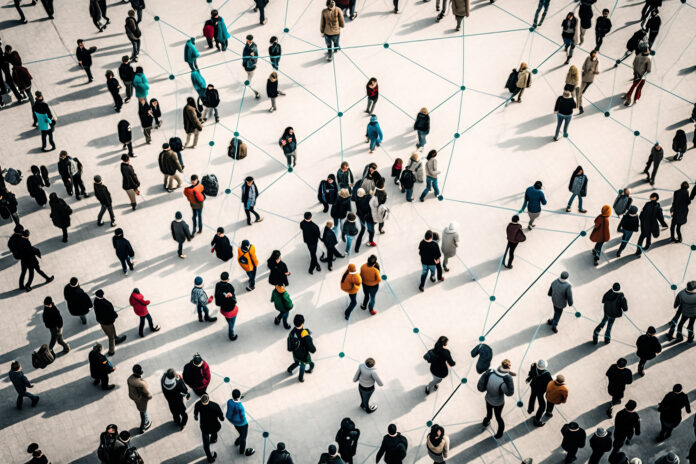 Aerial view of a crowd with a network of connections, generative ai Digitale ondersteuning sociaal domein